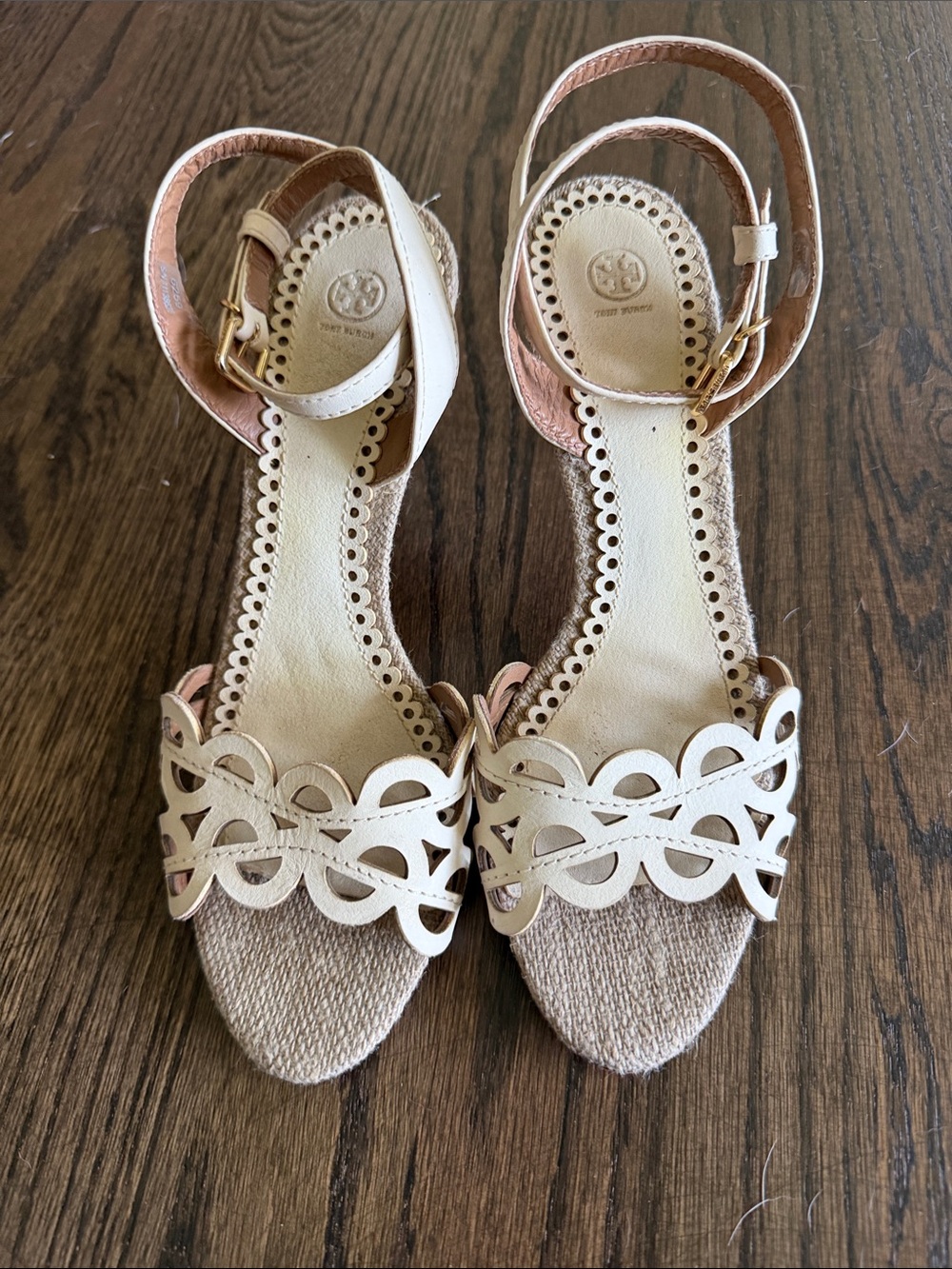 Tory Burch Ivory Scalloped Laser-Cut Ankle Strap Heels